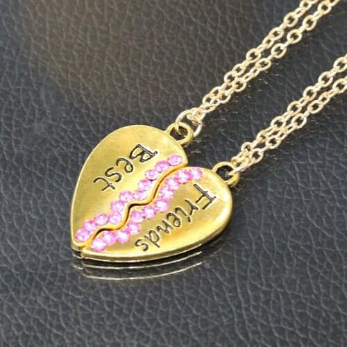 Center Crack Rosy Crystal "Best" & "Friends" Double Parts Half Heart Necklace for Women Friends 1 Pair