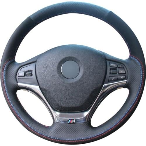 Black Natural Leather Black Suede Car Steering Wheel Cover for BMW F30 316i 320i 328i