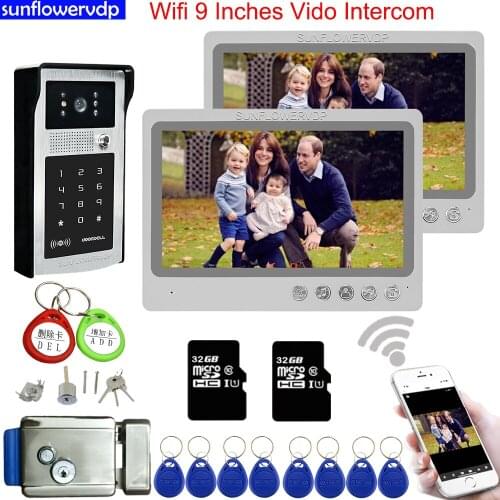 Wifi 9inchs Video Intercom Rfid Code Unlock Video Doorphone Monitors + 32GB SD Card With Electronic Door Lock Home Security Kit