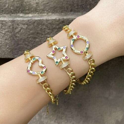 FLOLA Gold Link Chain Star Heart Bracelets For Women Copper Zircon Round Multicolor Stone Gold Bracelet Girls Jewelry brtd91