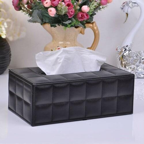 Fashion modern rectangle leather extracted removable tissue box napkin holder case stitch plaid black 238A