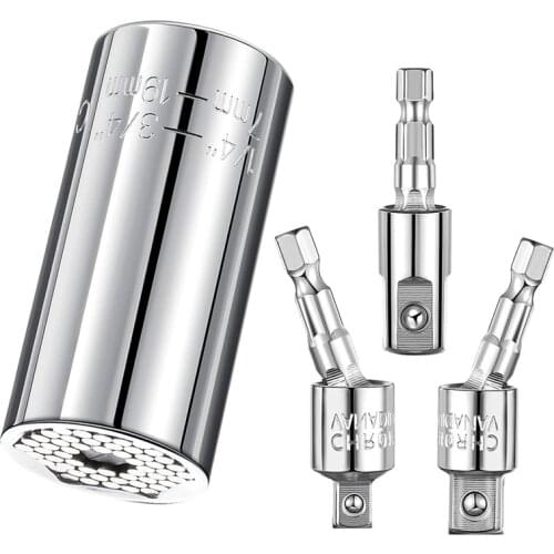 4Pcs Adjustable Universal Socket Wrench Set with 360 Degree Rotatable Hex Shank Impact Drill Socket Adapter