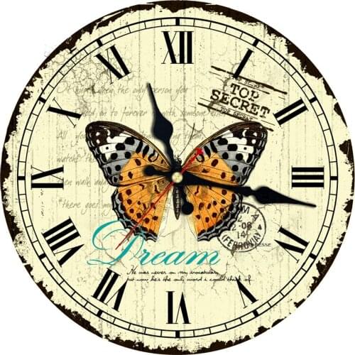 Retro Living Room Balcony courtyard Wall Clock Vintage Butterfly Large Decorative Round Wall Clock Field scenery Fashion Clock