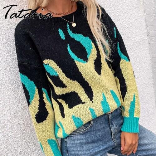 Burning Fire Pattern Sweater Women Autumn Winter Purple Flame Jacquard Sweaters Women Outfits Pullover Knitwear Knit Top Jumper