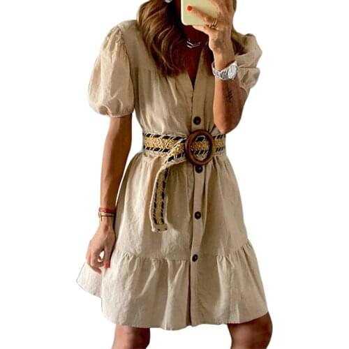 Summer Dress Women Robe Femme Solid Color Single-Breasted A-Line Dresses Bandage Short Sleeve Dress For Woman Vestido De Mujer