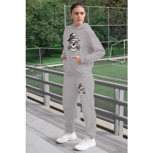 Angemiel Wear Romantic Skeleton Man Women Tracksuit Set Gray Hooded Sweatshirt Gray Sweatpants