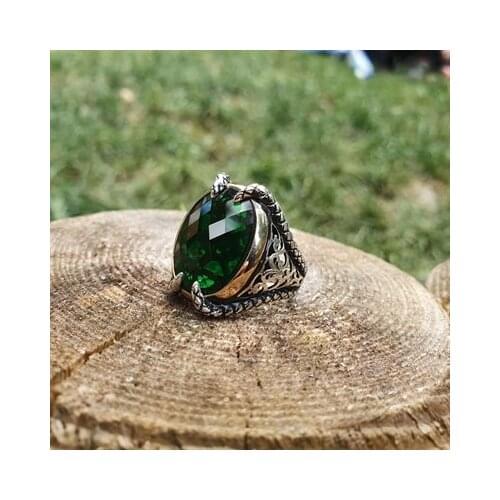 Silver Green Stone Clawed Male Ring