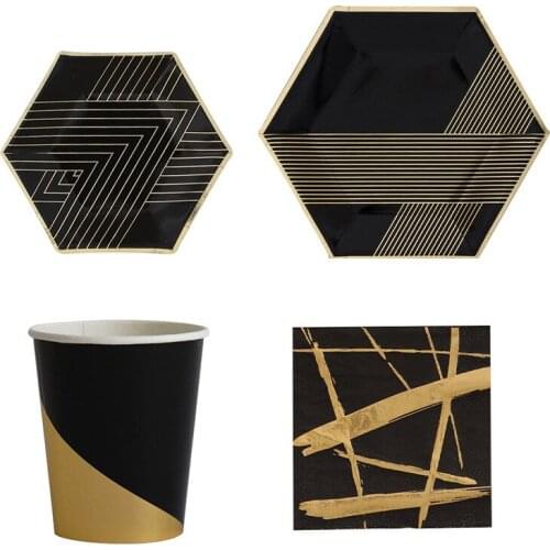 Black Paper Plate Disposable Tableware Party Cutlery Cups Towel Plates Set For Wedding Girl Birthday Party Baby Shower