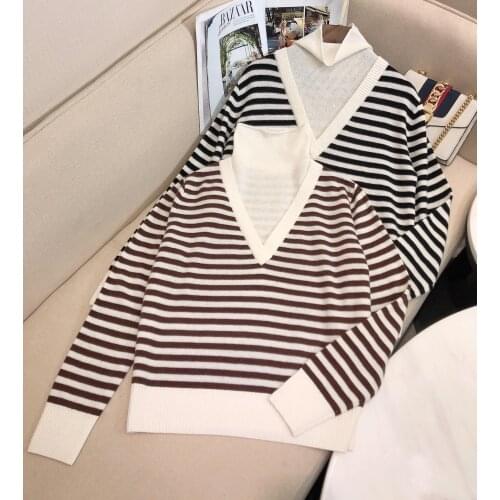 New ladies fashion 2021 long sleeve sexy casual high neck striped wool delicate sweater 1230