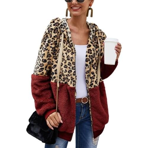Y166 Women Winter Long Sleeve Hoodies Jacket Leopard Patchwork Fuzzy Plush Sweatshirt Cardigan Front Zip Up Loose Outwear Coat