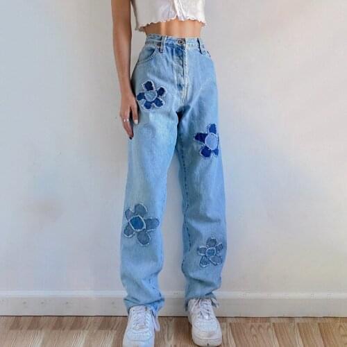 2021 Fashion New Summer Womens Jeans Flower pattern Stitching Loose Denim Pants Harajuku High Street Casual Streetwear Female