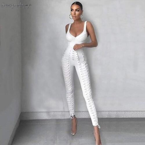 2021 Summer Womens Bodycon Rayon Bandage Two-piece Sleeveless Top and Two-Tie High Waist Pencil Pants Set Celebrity Party Wear