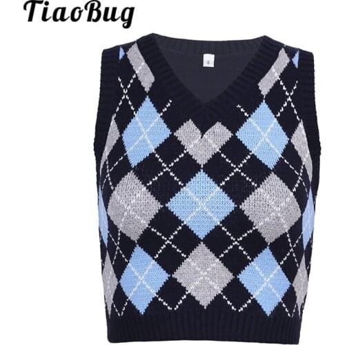 Women Vintage Plaid V Neck Knitted Sweater Vest Preppy Style E-Girl Crop Tank Top Y2K Clothes Short Pullover Knitwear Streetwear