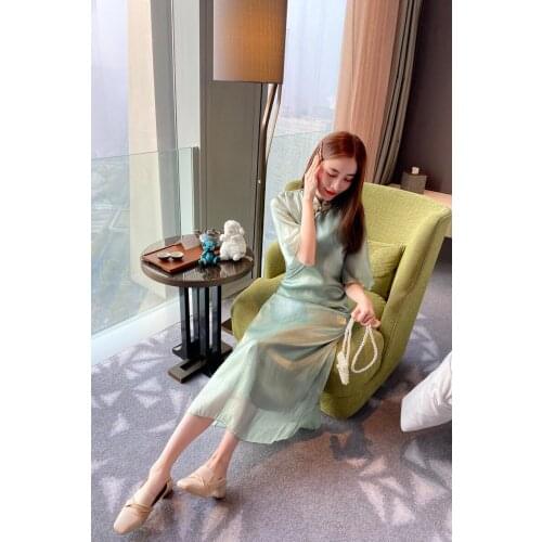 New summer Chinese old fashion mandarin collar slim elegant flower embroidered Flared sleeves dress for women