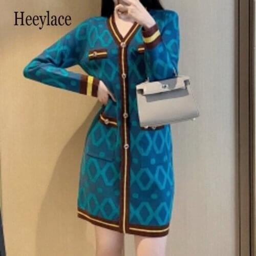 Fashion New 2021 French Small Fragrance Knitted Slim Mini Dress Patchwork Autumn Jacquard Sweater Slim Vintage Dress Robe Femme