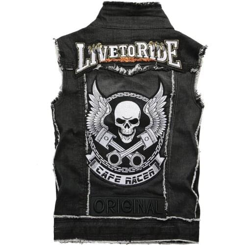 Fashion Streetwear Men Vest Black Punk Style Skull Embroidery Designer Sleeveless Denim Biker Jackets Men Patch Hip Hop Vest Men