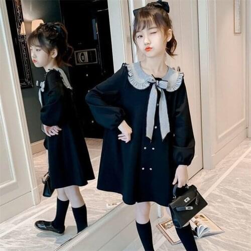 2021 Loose Long Kids Dresses Teenage Girl Dress Children Clothing Spring Autumn Black Beige Wedding Party Dress Plus Size