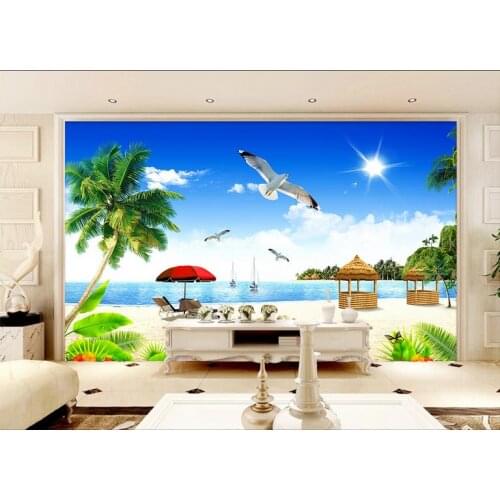 Custom 3d photo wallpaper 3d wall mural wallpaper TV setting wall beach seascape coconut trees scenery 3d living room wall decor
