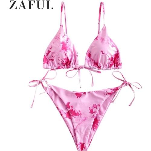 ZAFUL Tie Dye String Bikini Womens Swimsuit Spaghetti Straps Cami Bikinis Set Wire-Free Removable Padded Sexy Swimwear 2020