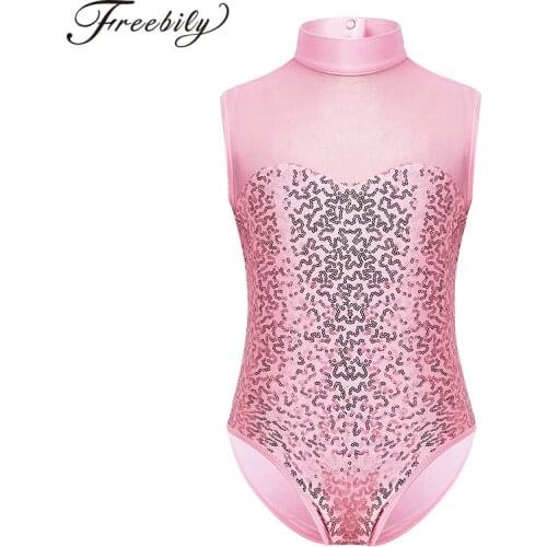 Sparkly Sequins Ballet Leotards for Girls Sleeveless Tulle Splice Gymnastics Leotards Kids Ballet Dance Competition Costume