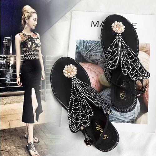 Koovan Women Sandals Female F2020 Summer New Flat-Bottomed Sandals Bohemia Rhinestone Cuffed Womens Shoes
