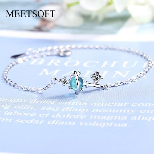 MEETSOFT Fashion 925 Silver Accessories Trendy Zircon Bracelets For Women Crystal Little Blue Planet Popular Jewelry Gift