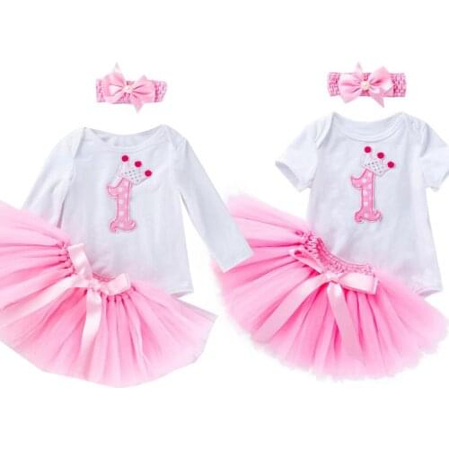 Baby Girls Crown One Romper Seperated TUTU Skirt Baby Clothing Vestidos First Birthday Infant Girl Bead Bowknot Headband