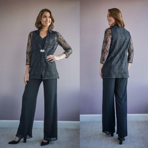 2020 Chiffon Mother of the Bride Pants Suits V Neck Long Sleeves Evening Gowns Custom Made 3 Pieces Suit Wedding Guest Dress