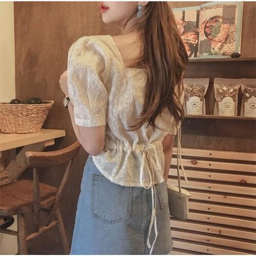 New square Embroidery lace shirt Summer Tops femme Casual Women short sleeve Linen Cotton Girls Blouse Plus Size Women Blouses