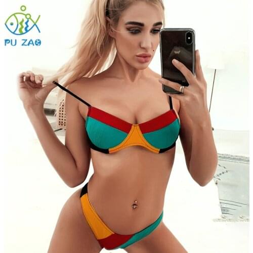 Swimwear Pure Color Stitching Swimsuit 2021 Two Styles Bathers High Cut Triangle Brazil Sexy High Waist Beach Female Bikini