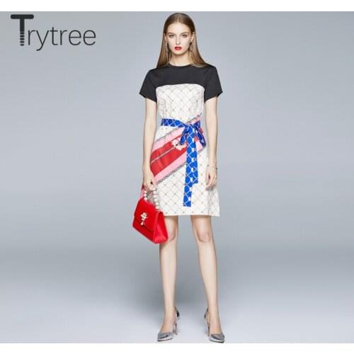 Trytree 2020 Summer Woman Casual Dress O-neck Fashion Elegant Patchwork Print Belt A-line Temperament Mini Office Lady Dress