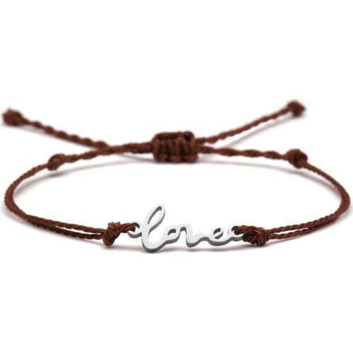 Cute Stainless Steel Love Charm Bracelet Women Men Letter Love Handmade White Black Brown Waxed String Surf Beach Jewelry Gift