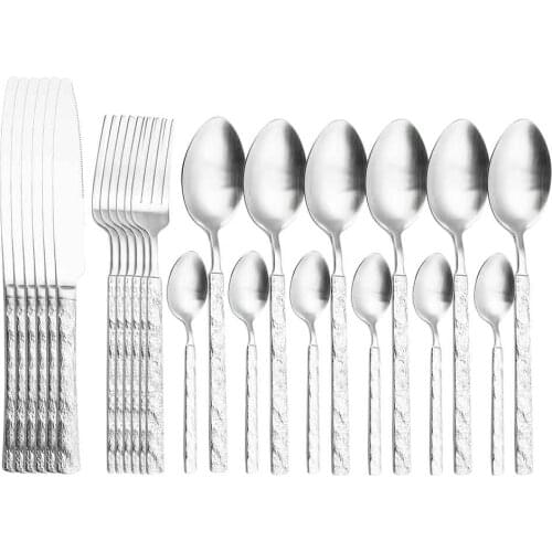 24Pcs Dinnerware Set Mat Silver Cutlery Set Knife Fork Spoon Dinner Set 304 Stainless Steel Silverware Set Kitchen Tableware Set