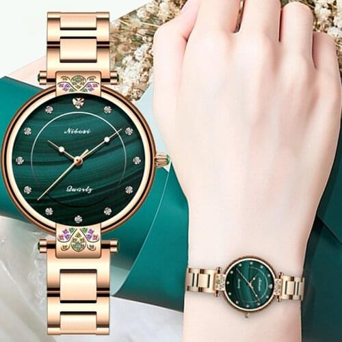 NIBOSI June 2021 New Womens Fashion Watch Set with Rhinestone Womens Quartz Watch Simple Lucky Waterproof Lady Wrist Watch