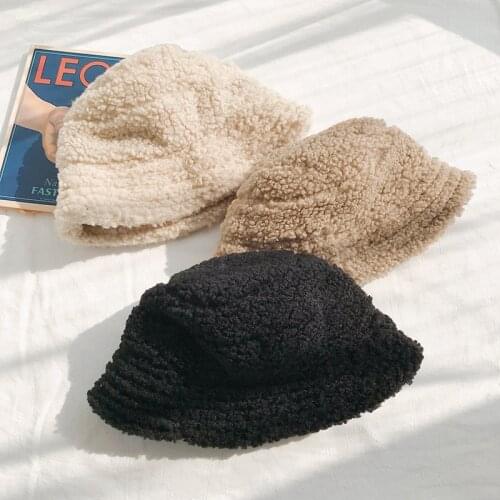 Fashion Solid Artificial Fur Warm Female Cap Faux Fur Winter Bucket Hat for Women Outdoor Sunscreen Panama Lady Cap Beanies Gift
