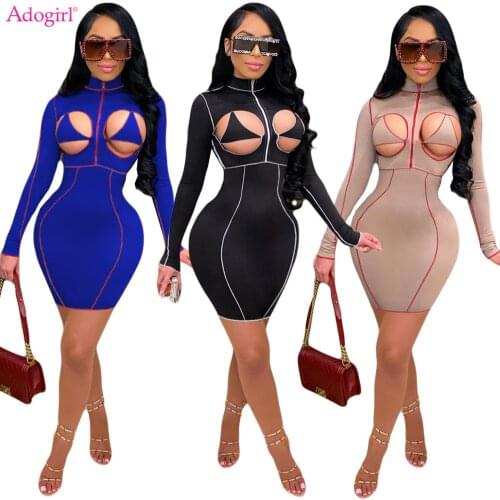 Adogirl Sexy Striped Hollow Out Mini Dress S-3XL Mock Neck Long Sleeve Bodycon Vestidos Autumn Club Party Robes 2021 New Fashion