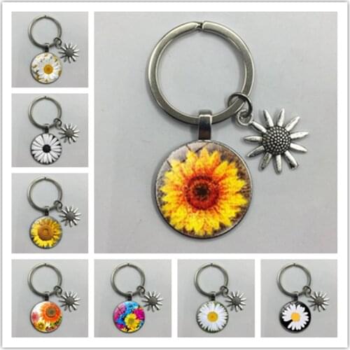 Sunflower Crystal Keychain Keyring Pendant Daisy Glass Cabochon Pendant Keychain Photo Customization