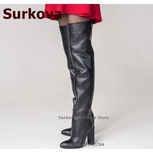 Surkova Women Black Chunky Heel Loose Tall Boots Pointy Toe Concise Pleated Thigh Boots Gladiator Dress Shoes Over The Knee