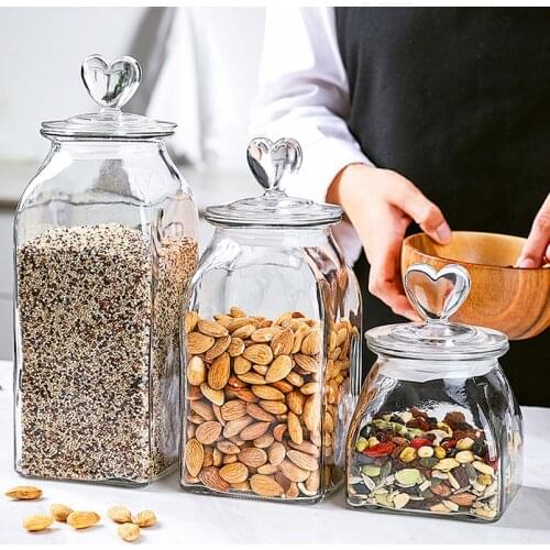 Glass Candy Jar with Heart-shaped Lid Household Kitchen Coffee Storage Jar Dried Fruit Food Storage Jar Kitchen Supplies