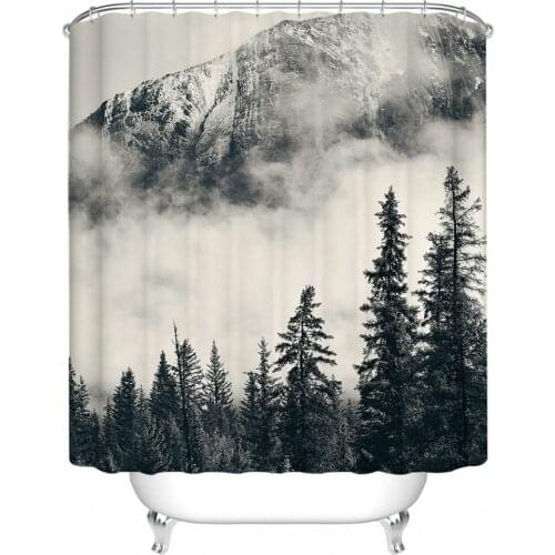 Black And White Misty Forest Shower Curtain Pine Tree Mountain Durable Waterproof Fabric Hanging Curtains Set For Bathroom Decor