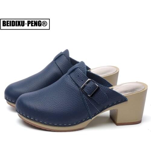 Women Slip On Platform Pump Sandles Summer Mules Heels Round Head Vintage Ladies Closed Toe Wedge Shoes Derma Casual Sandalias