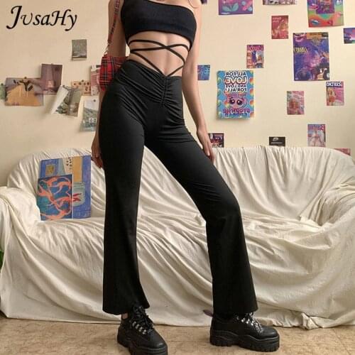 JusaHy Punk Y2K Banadage High-Waist Hollow Straight Pants Female Activity Trousers Kpop Casual Lady Office Streetwear Summer Hot