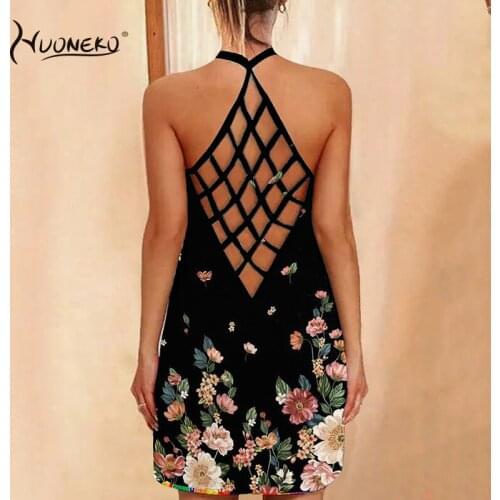 Womens Summer Bohemian Floral V-Neck Loose Hollow Out Hot Sale Short Sleeve Backless Fashion Casual Dress Mini Sundress WBC02