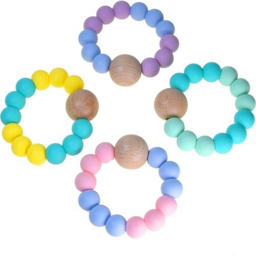 Mabochewing 1pcs Baby Teething Silicone Beech Wooden Round Beaded Bracelet Chewing Rattle Toys BPA FREE Teethers
