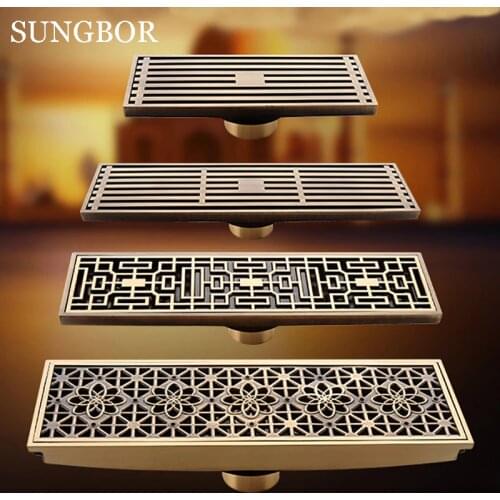10*30cm Antique Brass Bathroom Linear Shower floor Drain Wire Strainer Art Carved Cover Waste Drainer Free shipping DL-0508F