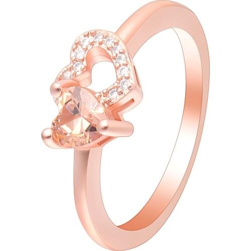 2018 Summer Finger Rings Fashion Rose Gold-Color Champagne Austrian Crystal CZ Double Heart Engagement Ring Jewelry for Women
