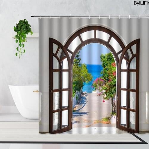 3D Retro Window Flowers Scenery Shower Curtains Idyllic Flower Vine Potted Garden Decor Hanging Cloth Bathroom Curtain With Hook