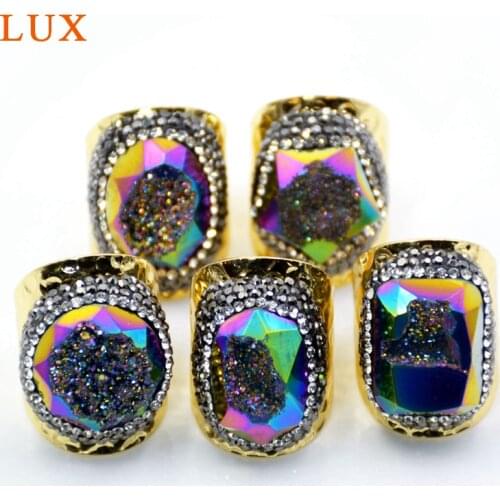 5pcs Elegant Gold Bezel Band ring Natural Agates Druzy rainbow Gem stone Ring pave rhinestone Handmade Geode Jewelry Ring