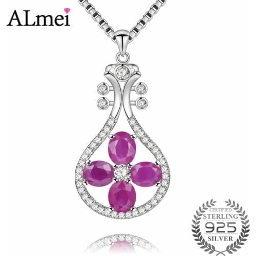 Almei 2.4ct Ruby Guitar Instruments Pendant Necklace Silver 925 Neck Jewelry Decorations for Women Birthday Gift with Box CN061