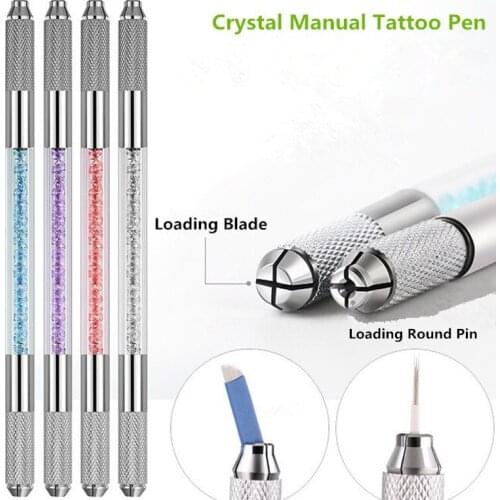Free shipping 1 Pcs Professional Semi Permanent Makeup Crystal Manual Tattoo Pen With 1 Blade Needle And 1 Round Pin